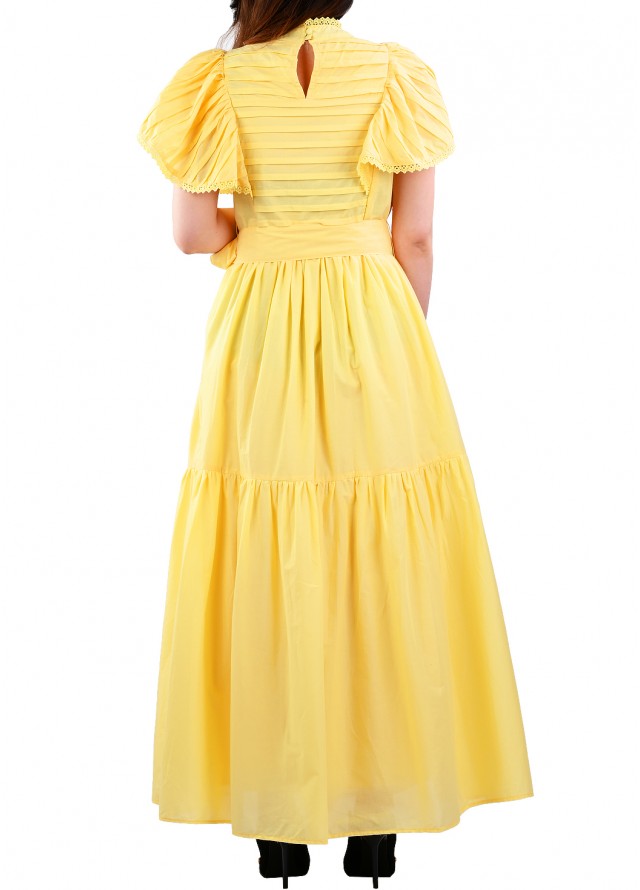 فستان قطن اصفر بأكمام مكشكشة 