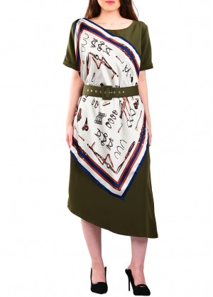 فستان كاجوال مع سكارف بلون زيتي