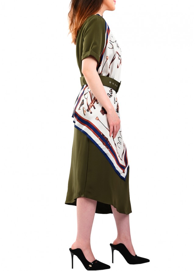 فستان كاجوال مع سكارف بلون زيتي