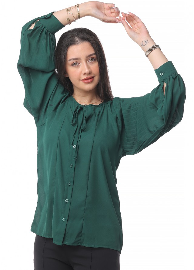 قميص ساده بتمويجات بالكم بلون اخضر
