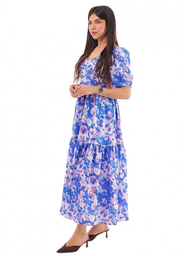 فستان نسائي بأزهار حدائق الربيع بلون ازرق