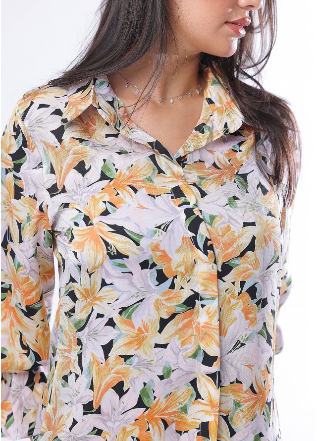 قميص نسائي رسمي مشجر بزهرة الزنبق بلون اسود 