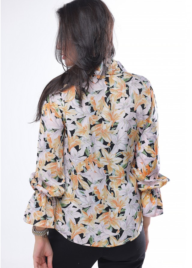 قميص نسائي رسمي مشجر بزهرة الزنبق بلون اسود 